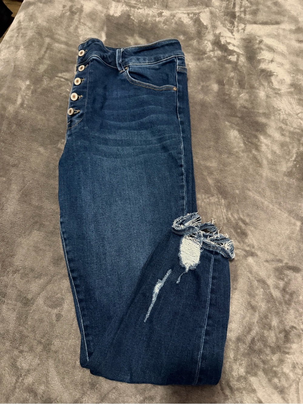 KanCan Dark Blue Distressed Skinny Jeans with Button-Fly